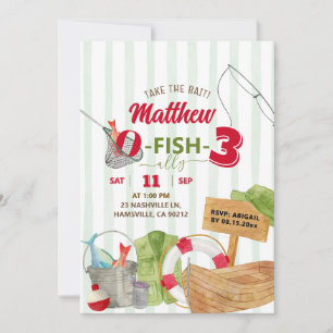Invitation Green Whimsical Stripes Boy Fishing Anniversaire