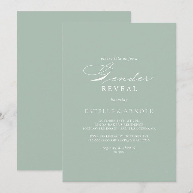 Invitation Green White Calligraphie Genre Revela Party (Devant / Derrière)