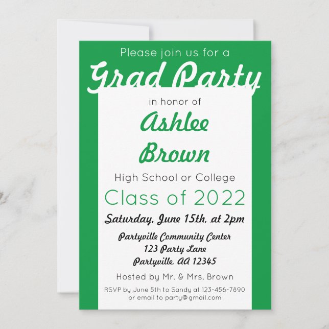 Invitation Green White Grad Party Gras Graduation (Devant)