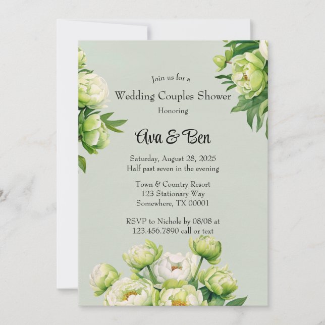 Invitation Green White Peony Elégant Mariage Couples Douche (Devant)