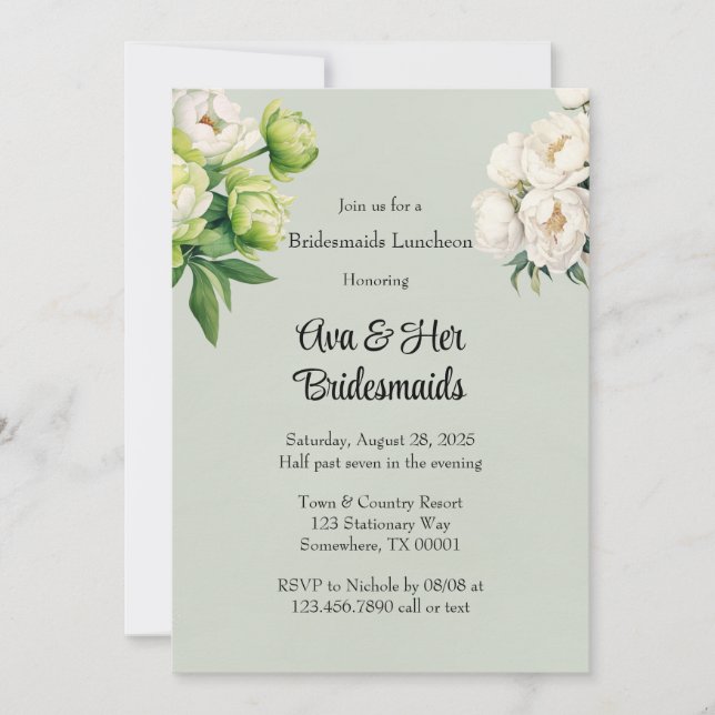 Invitation Green White Peony Élégante Bridesmaitres Déjeuner (Devant)