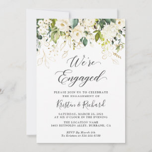 Invitation Green White Roses Gold Floral Engagement Party