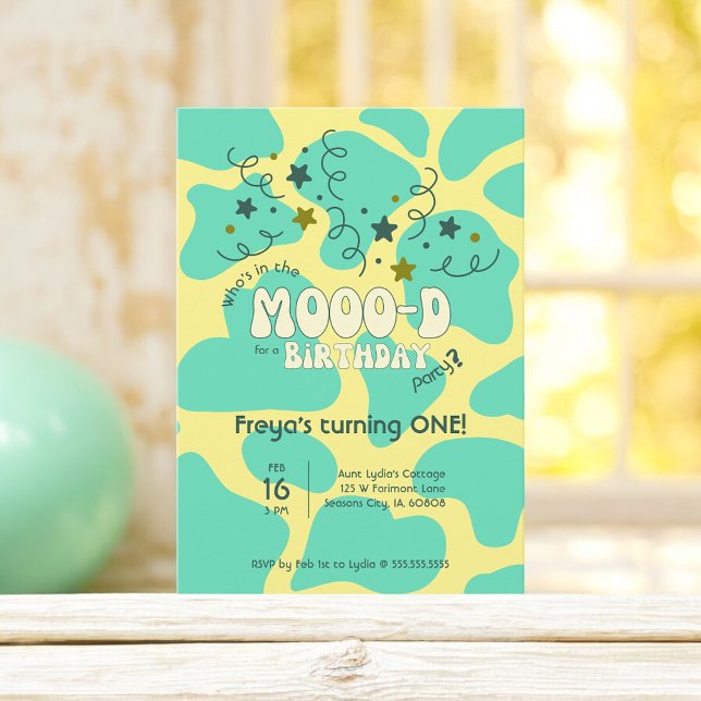 Invitation Green Who's in the MOOO-D Cow Imprimer 1er anniver (Créateur téléchargé)