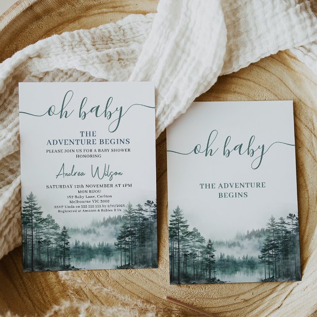 Invitation Green Wilderness Laisser Aventure Commencer le Bab (Green gender neutral wilderness baby shower invitation, The adventure begins baby shower invitation)