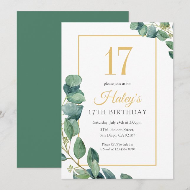 Invitation Green Wreath Chic Gold & Sage 17e anniversaire (Devant / Derrière)
