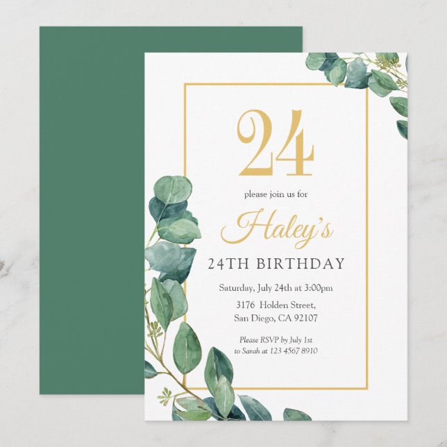 Invitation Green Wreath Chic Gold & Sage 24e anniversaire (Devant / Derrière)