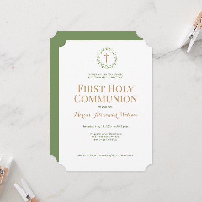 Invitation Green Wreath Gold Cross Boy Première communion sai (Devant/Arrière en situation)