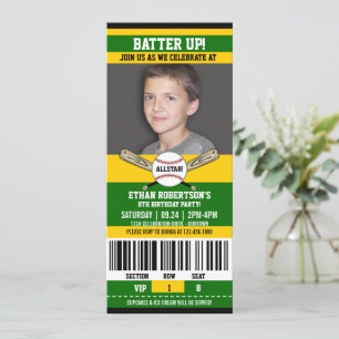 Invitation Green Yellow Ticket Style Baseball Anniversaire