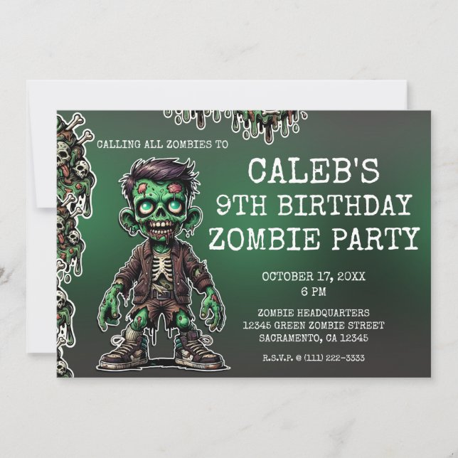Invitation Green Zombie Enfant & Slime Halloween fête d'anniv (Devant)