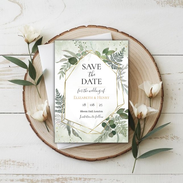 Invitation Greenery boho gold geometric watercolour save date (Créateur téléchargé)