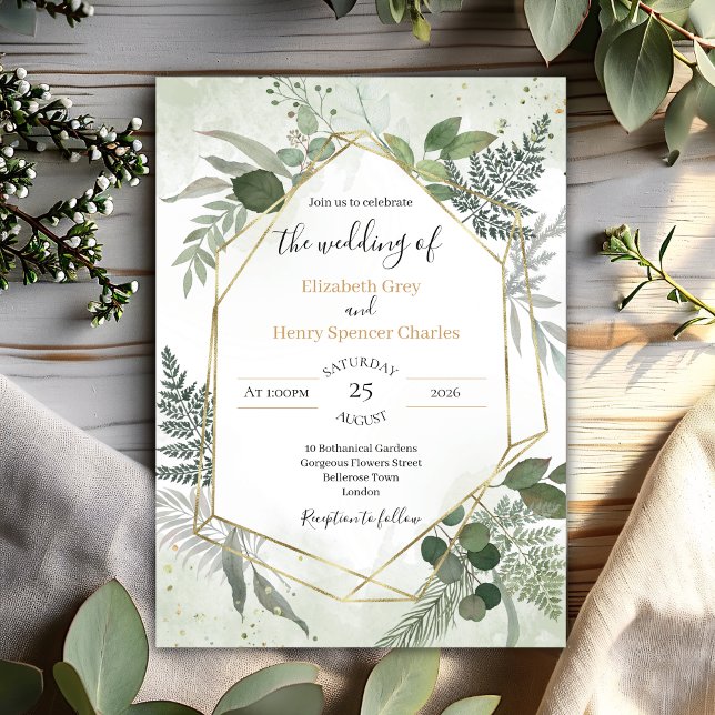 Invitation Greenery boho gold geometric watercolour wedding (Créateur téléchargé)