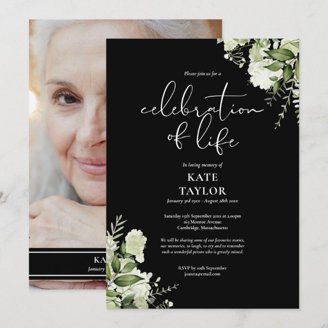 Invitation Greenery Floral Funeral Celebration of Life Photo (Devant / Derrière)