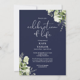 Invitation Greenery Floral Navy Blue Celebration of Life