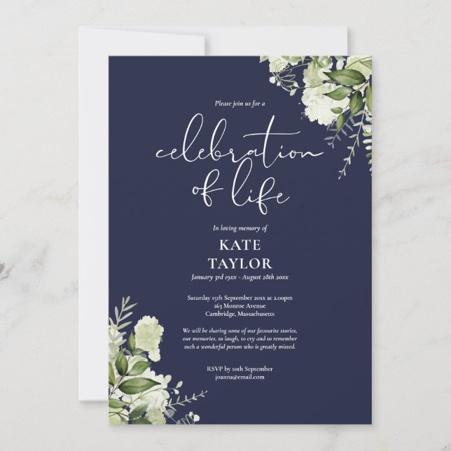 Invitation Greenery Floral Navy Blue Celebration of Life (Devant)