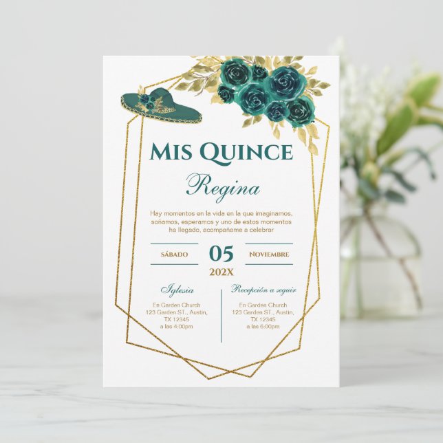 Invitation Greenery Floral Quinceañera Spanish  (Debout devant)
