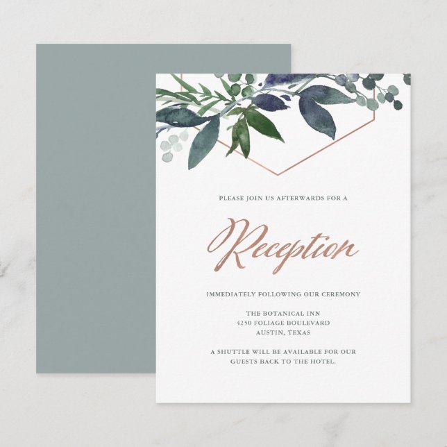 Invitation Greenery Geo | Réception de mariage en rose gold (Devant / Derrière)