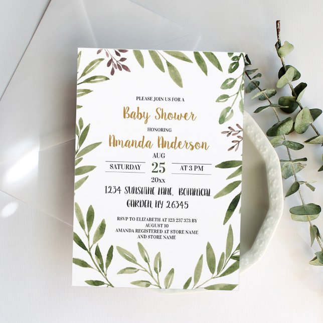 Invitation Greenery Leaves Watercolor Baby Shower (Créateur téléchargé)