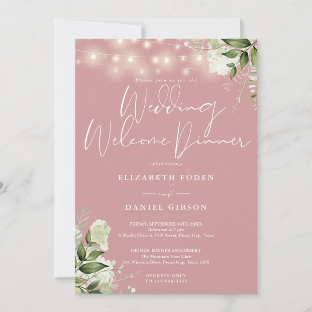 Invitation Greenery Lights Dusty Rose Wedding Welcome Dinner (Devant)