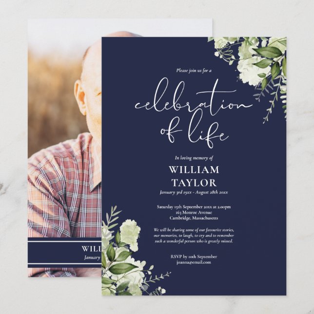 Invitation Greenery Navy Blue Celebration of Life Photo (Devant / Derrière)