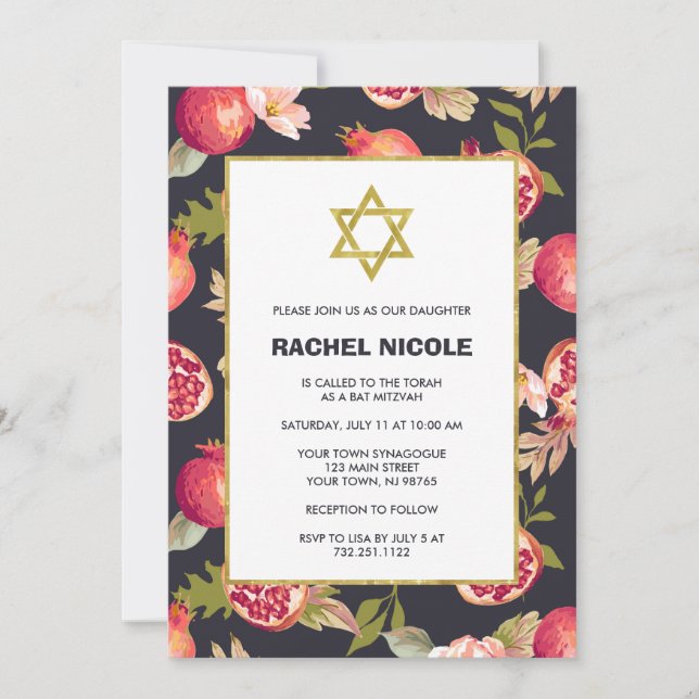Invitation Grenades et fleurs avec Bat mitzvah or (Devant)