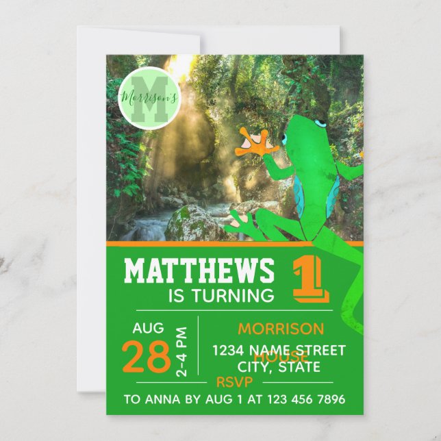 Invitation Grenouille 1er anniversaire froggy tropical faune (Devant)