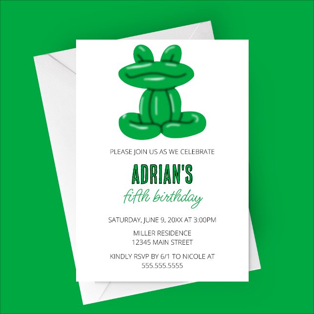 Invitation Grenouille Balloon Animal fête d'anniversaire (Green Frog Balloon Animal Birthday Party Invitation )