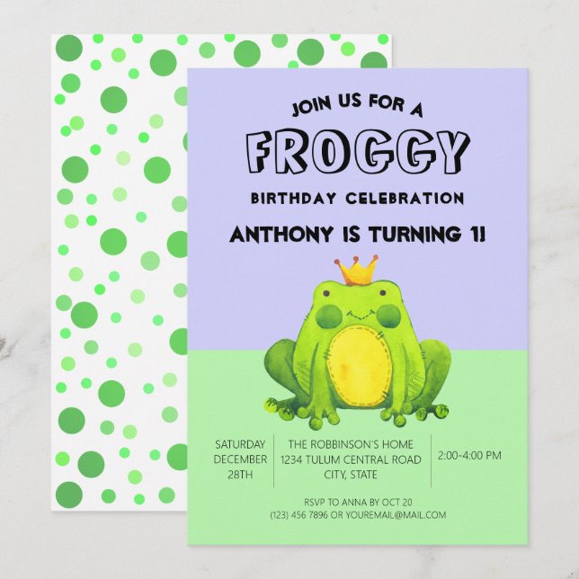 Invitation Grenouille bébé 1er anniversaire confetti vert per (Devant / Derrière)