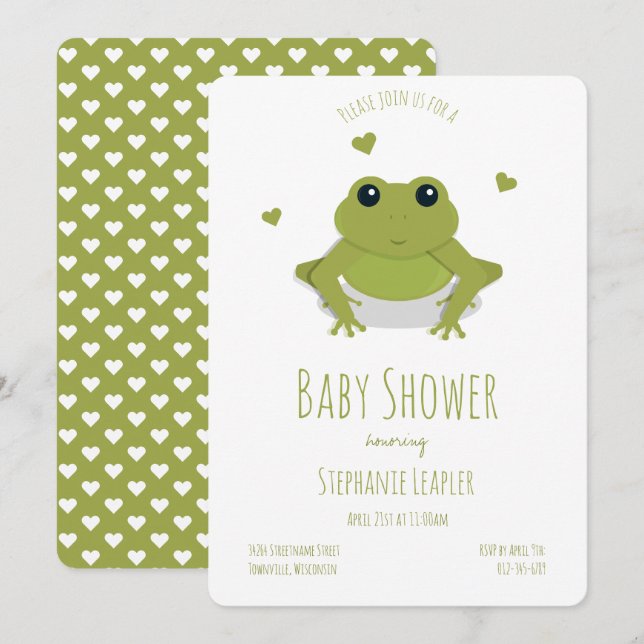 Invitation Grenouille Green Cute Baby shower animal (Devant / Derrière)