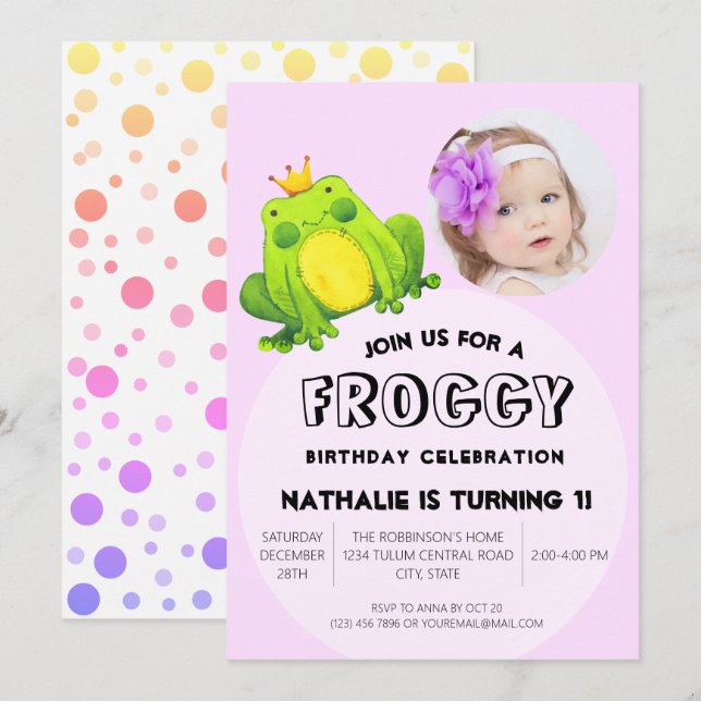 Invitation Grenouille photo Anniversaire rose 1er Parti migno (Devant / Derrière)