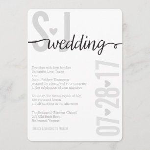 Invitation Grey Hearts & Chevron Bold Letters Wedding Invitat