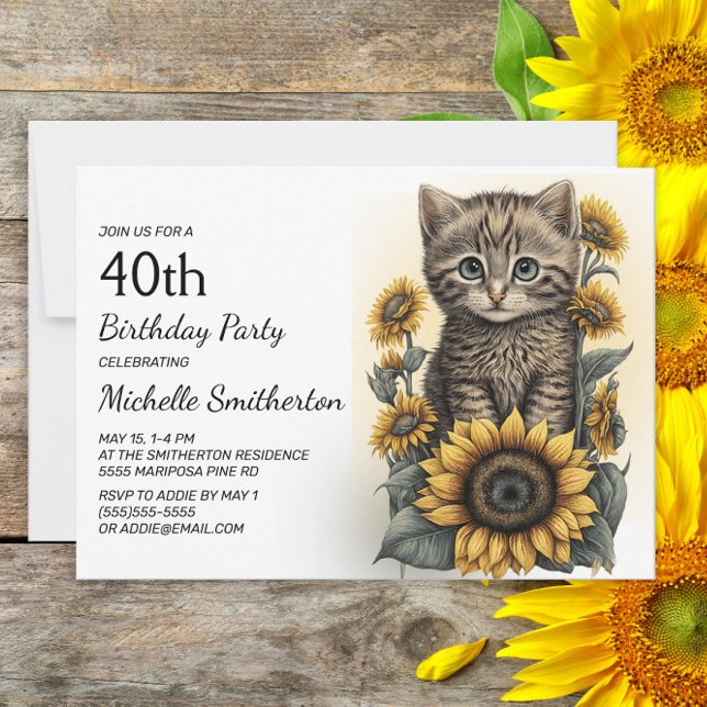 Invitation Grey Tabby Kitten Chat Sunflowers 40e anniversaire (Créateur téléchargé)