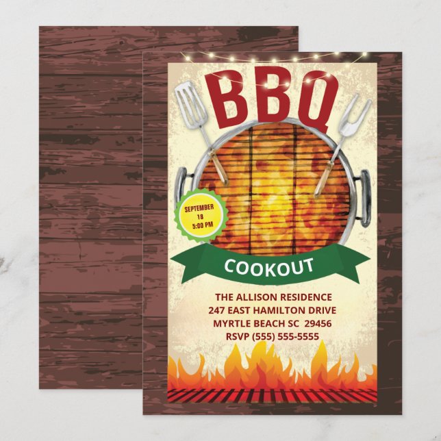 Invitation Grill BBQ Bois Lumineux Pique-nique  Été  Fête (Devant / Derrière)