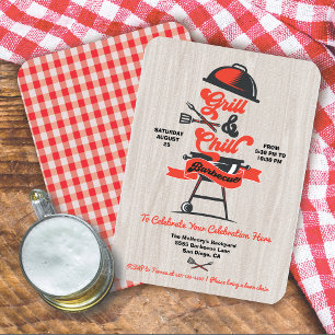 Invitation Grill et Glace Gravure sur bois Retro BBQ fête gri