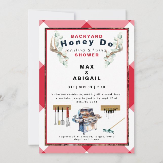 Invitation Grillage rouge & Fixation Antlers Couples Douche (Devant)