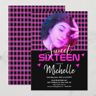 Invitation Grille de photos Sweet Sixteen Rose Néon