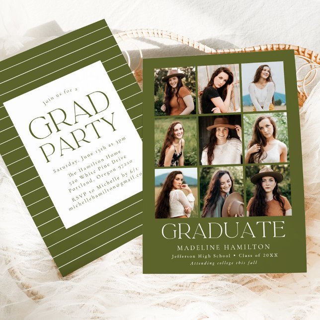 Invitation Grille moderne Olive Green 9 Photo Graduation Part (Créateur téléchargé)