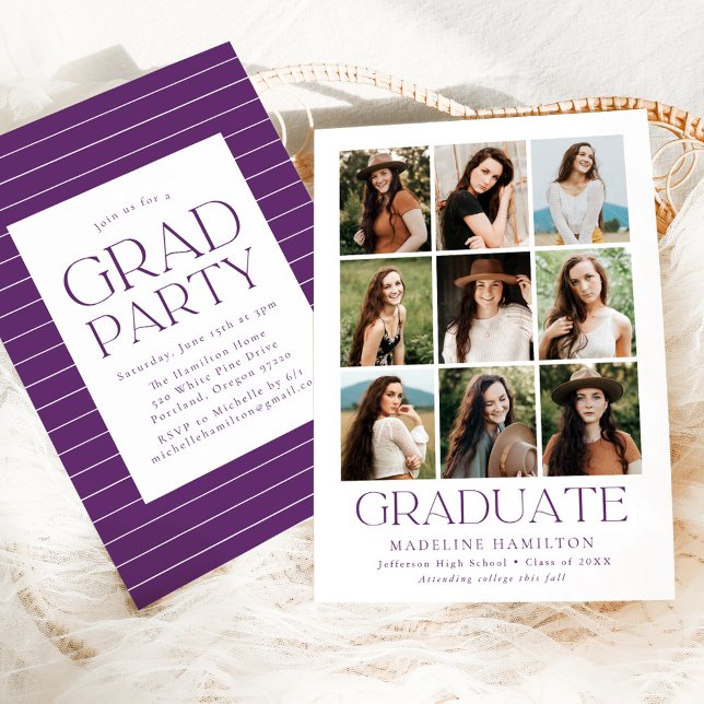Invitation Grille moderne violet 9 Photo Graduation Party (Créateur téléchargé)