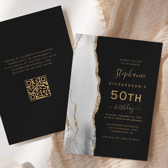 Invitation Gris Agate QR Code 50e Anniversaire (Créateur téléchargé)