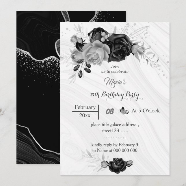 Invitation gris argent et fleurs noires anniversaire (Devant / Derrière)