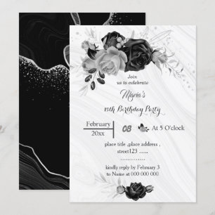 Invitation gris argent et fleurs noires anniversaire