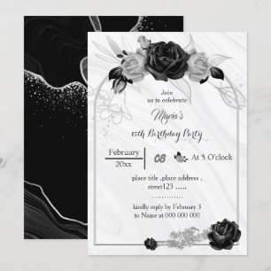 Invitation gris argent et fleurs noires anniversaire
