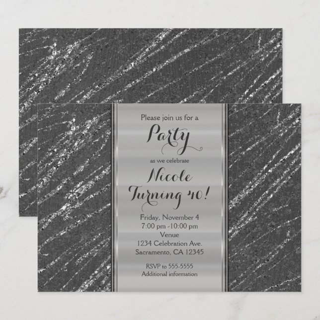 Invitation Gris & Argent Moderne Glam Marbre Stripe Invitatio (Devant / Derrière)
