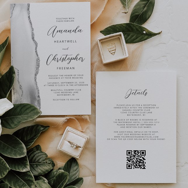 Invitation Gris argenté Agate QR Code Mariage (Créateur téléchargé)