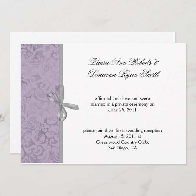Invitation Gris Blanc Damassé Mariage Violet Clair (Devant / Derrière)