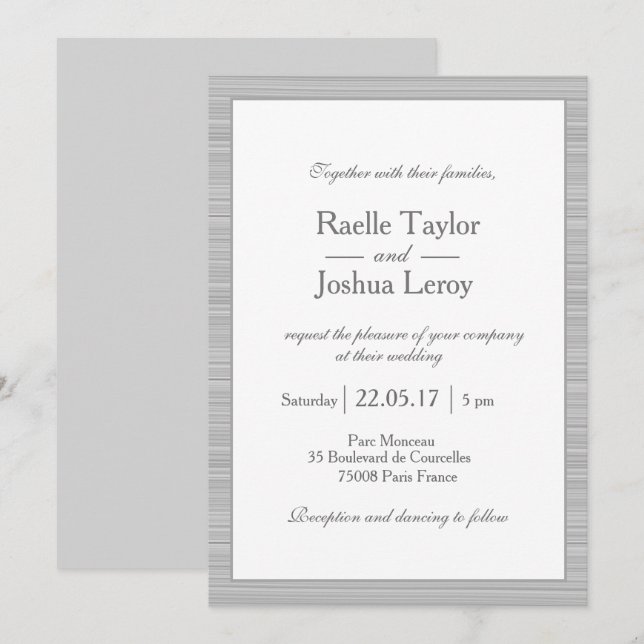 Invitation Gris blanc minimaliste rayures mariage moderne chi (Devant / Derrière)