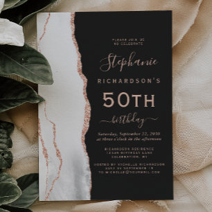 Invitation Gris Blanc Rose Or Agate foncé 50e anniversaire