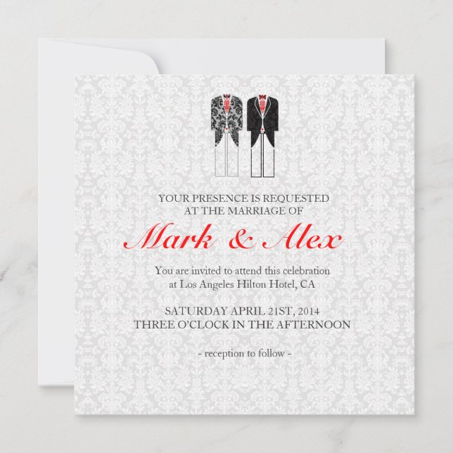 Invitation Gris Blanc & Rouge Mariage des couples homosexuels (Devant)