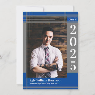 Invitation Gris Bleu École Couleur Graduation Photo Plaid