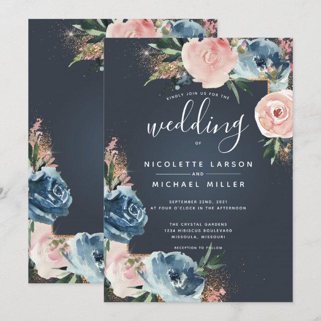 Invitation Gris, bleu marine et bleu floral Parties scintilla (Devant / Derrière)