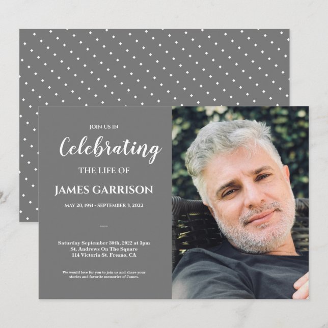 Invitation Gris Célébration de la vie avec funérailles photo (Devant / Derrière)